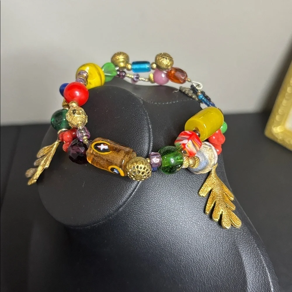 Handmade Glass Murano Colorful Beaded Bracelet with Gold Leaf Charm Accents